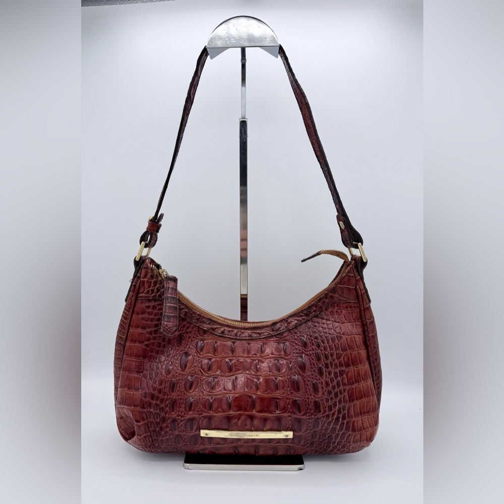 Brahmin‎ Esme Pecan Croc Embossed Leather Hobo Shoulder Bag Gold Hardware